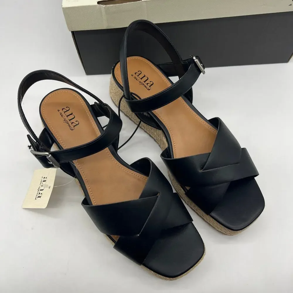 a.n.a Womens Eloise Wedge Sandals Black Casual Shoes Size 8.5M